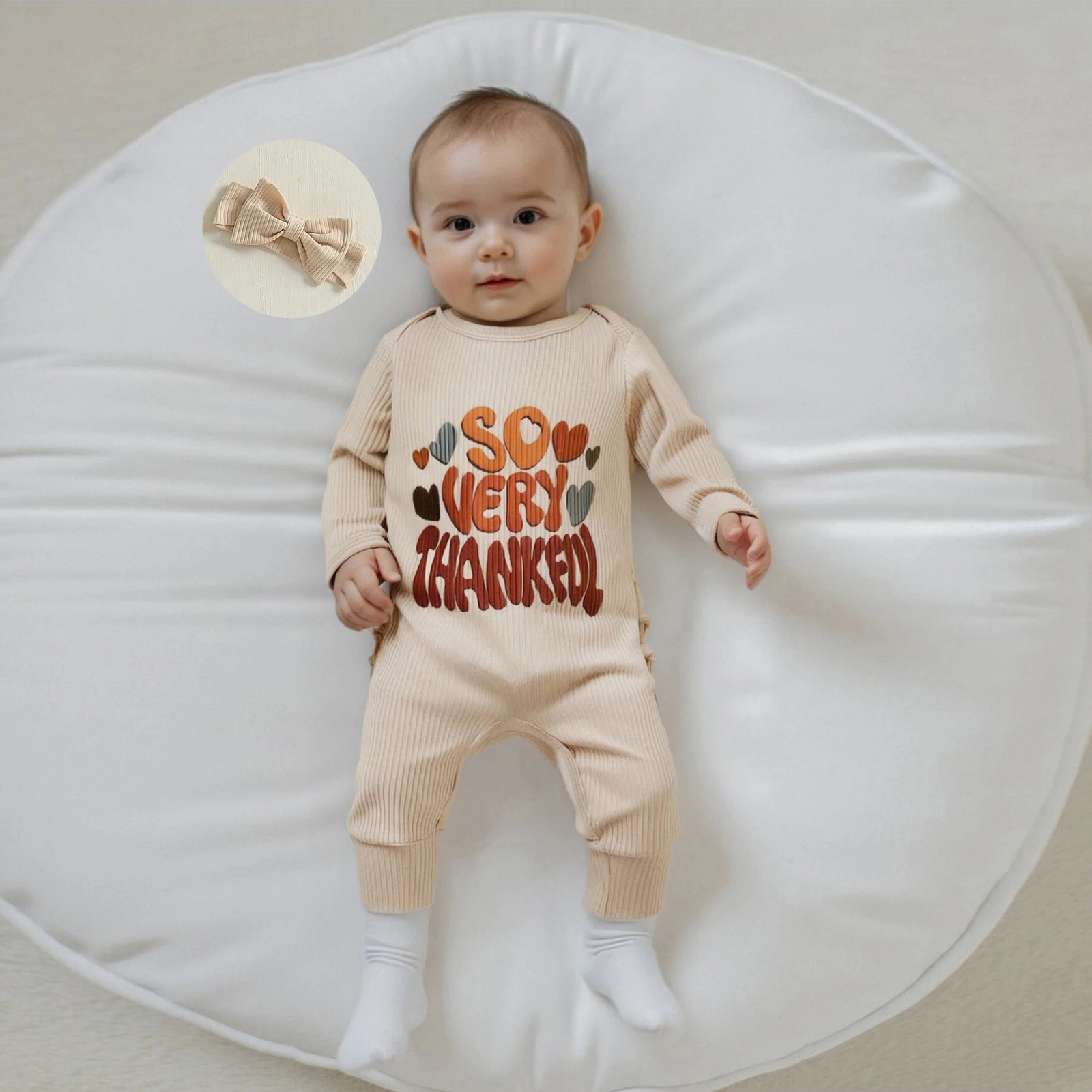 

Осенняя одежда для малышей, комбинезон на День Благодарения для девочек, комбинезон с длинными рукавами и круглым вырезом, с буквенным принтом Турции и повязкой на голову