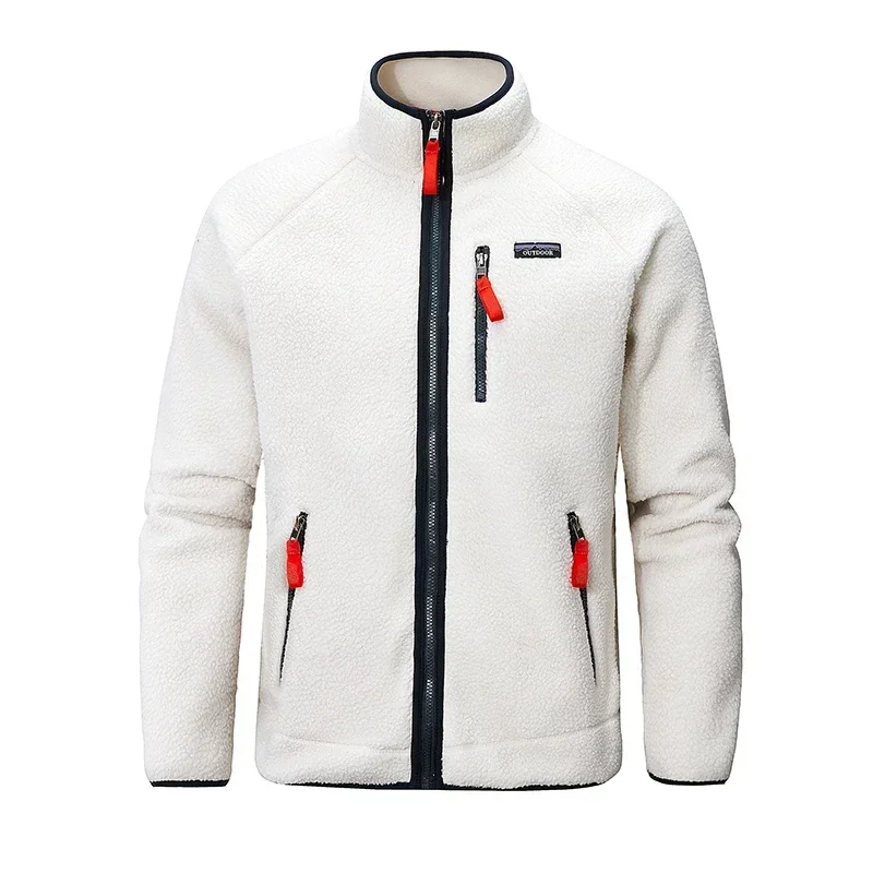 Men Polar Fleece Jacket Stand Collar Full Zip Up Outdoor Hiking Coat Multi Zipper Pockets Thermal Warm Casual Sports Outerwear