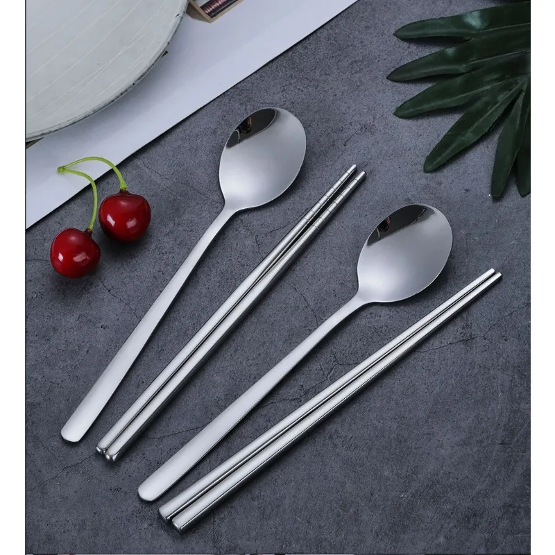 

Korean Stainless Steel Food Chopsticks Spoon Set Long Handle Non-slip Chopsticks Dessert Spoon Tableware Set