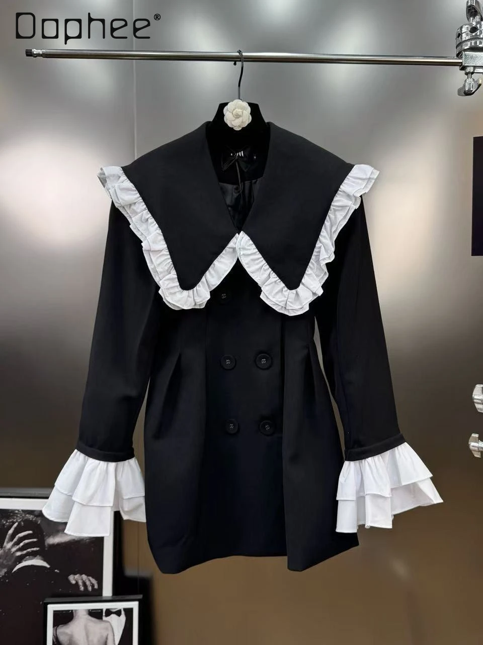 

Autumn New Fashion Elegant Lapel Double-Breasted Ruffle Patchwork Blazer Women Korean Chic Trend Loose Slim Mid-Length Blazer