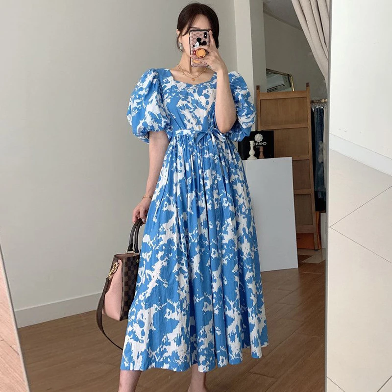 

Clothland Women Stylish Print Midi Dress Sashes Puff Sleeve A Line Summer Retro Casual Mid Calf One Piece Dresses Mujer QC769