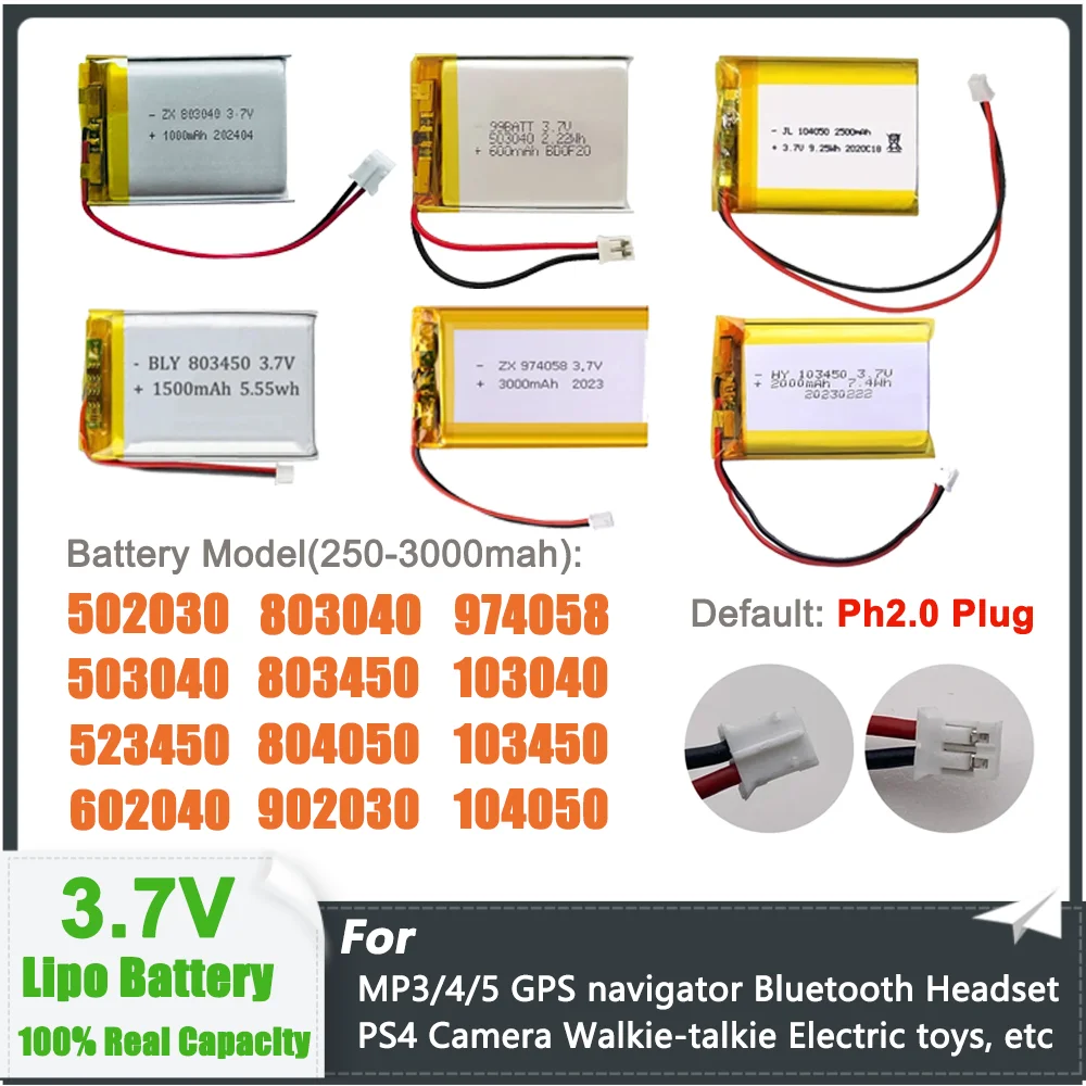 250mAh-3000mAh 3.7V Lipo Lithium Battery for PS4 MP3 MP4 Humidifiers GPS Navigation Bluetooth Speaker with PH 2.0mm Plug
