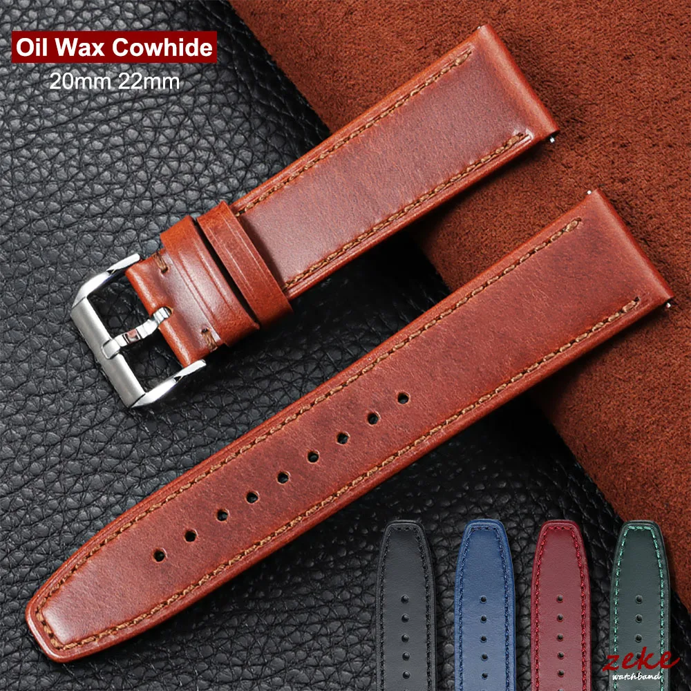 Vintage Ölwachs-Kalbsleder Uhrenarmband 20mm 22mm Armband für Seiko Schnellverschluss Braune Naht Rindslederband für Omega Uhrenarmband
