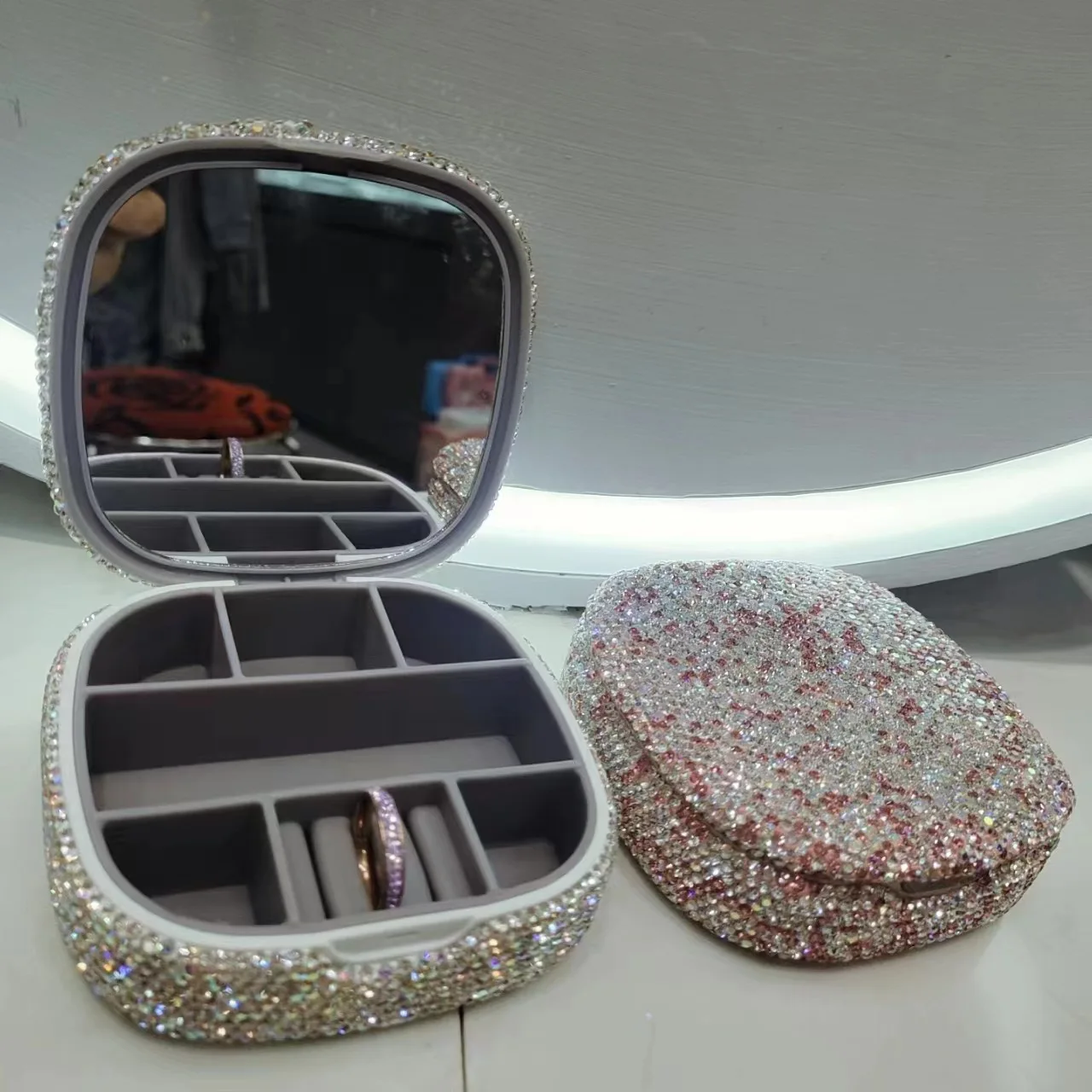 Luxury Rhinestone Portable Travel Mirror Jewelry Box Ring Necklace Earring Organizer Box DIY Cross Stitch Shiny Bling-bling Gift