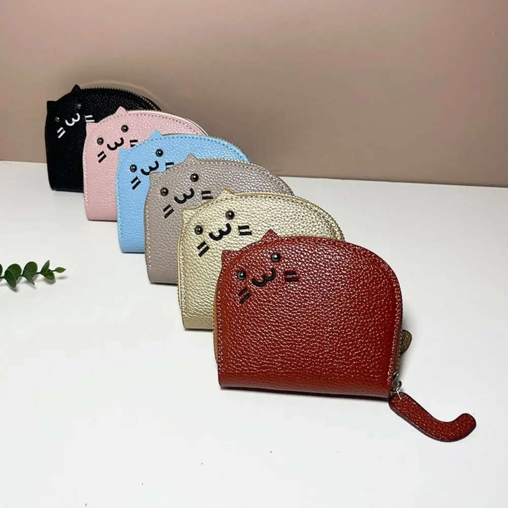 PU Leather Mini Card Wallet Cute Solid Color Cartoon Cat Business Card Case Anti-degaussing Coin Key Storage Bag Women