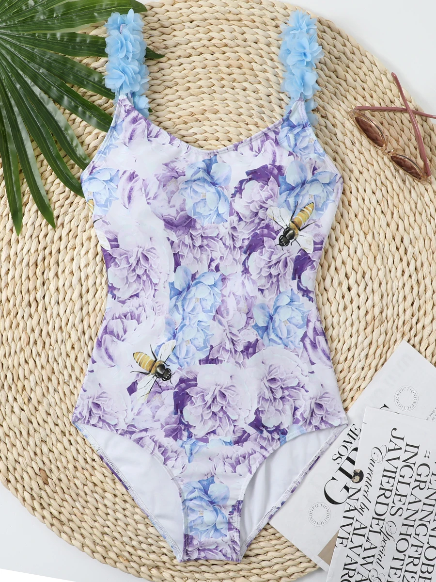 2024 Printed One Piece Swimsuit Ruffle Backless Swimwear Women Padded Bathing Swimming Suit Female Summer Beachwear Bodysuit