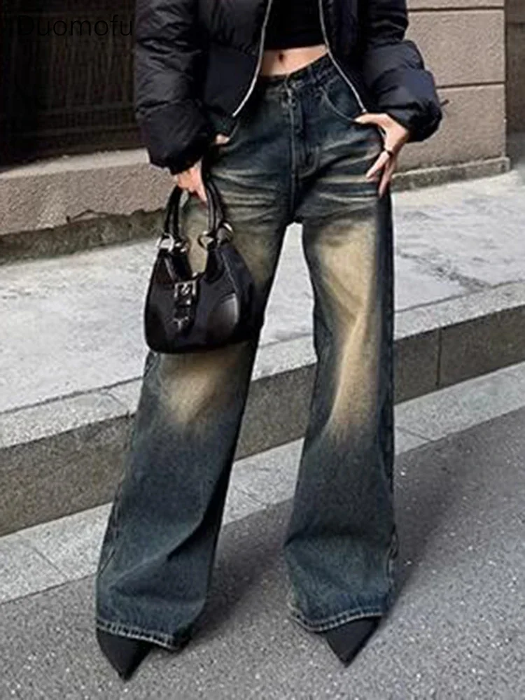 

Duomofu American Retro Blue Classic Straight Loose Women Jeans Autumn New Basic High Waist Slim Fashion Full Length Female Jeans