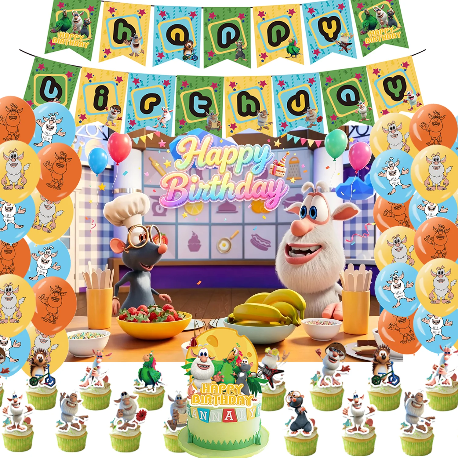 

Cartoon B&BOOBA Adventure Theme Kid Birthday Party Decoration Background Digital Balloon Cake Top Cover Baby Shower Banner Props