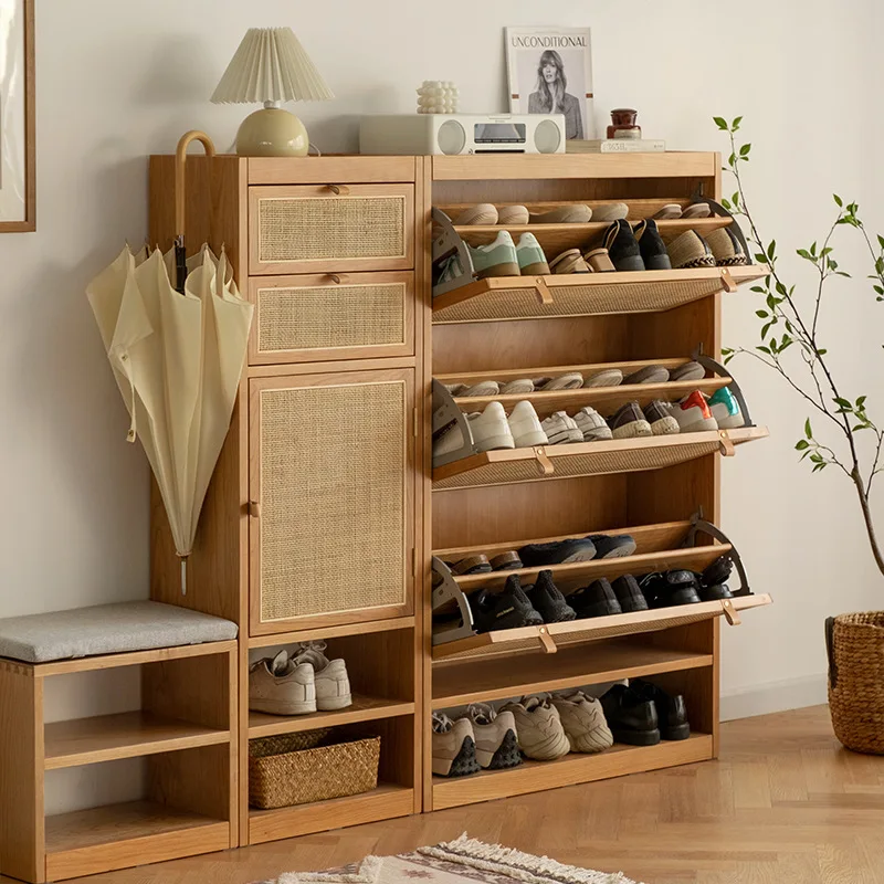 Solid wood shoe cabinet, household entry, log rattan storage cabinet, living room, against the wall, large-capacity shoe cabinet