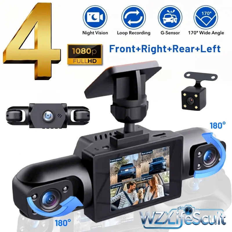 Complete Dash Cam System | 1080p Front, 720p Left/Right/Rear, 3.6-inch IPS Screen, Infrared Night Vision, Wide Dynamic Range, Loop Recording, Parking Detection