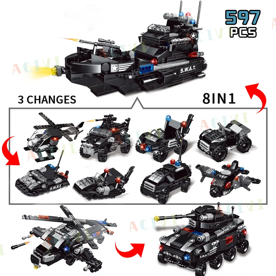 Military Tank SWAT Police Ship 8 IN 1 Building Blocks Set City Truck Brick with Policeman Construction Toys for Children Boy