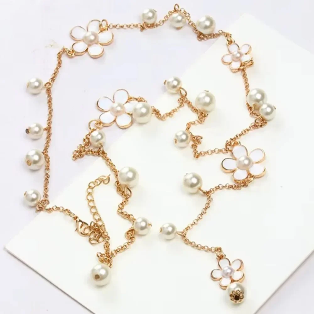 New Flower Long Necklace For Women Fashion Simulated Pearl Jewelry Tassel Perlas Necklaces & Pendants Bijoux Femme Perle