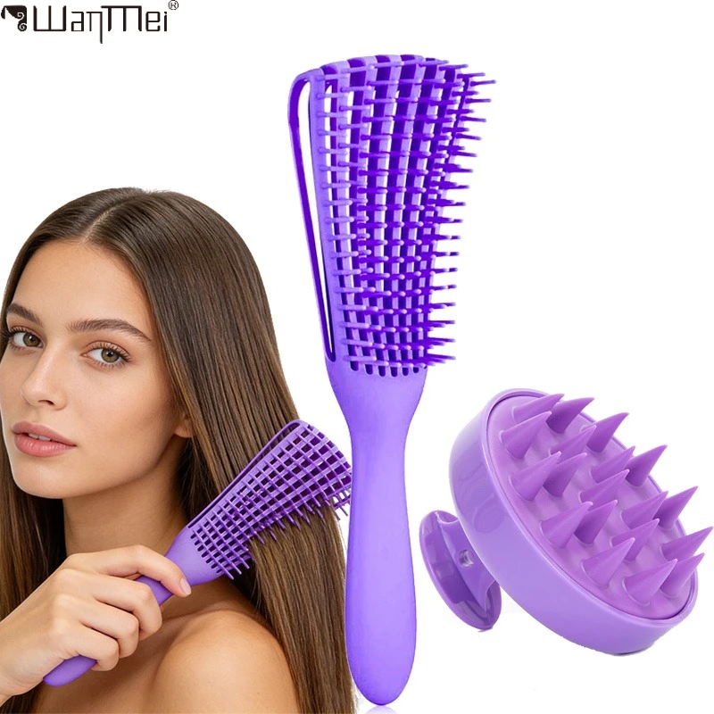 Conjunto de 2 Peças: Escova Desembaraçadora e Escova Massageadora de Silicone para Couro Cabeludo – Antiestática, Uso a Seco/Úmido, para Salão, Cabelos Naturais e Perucas