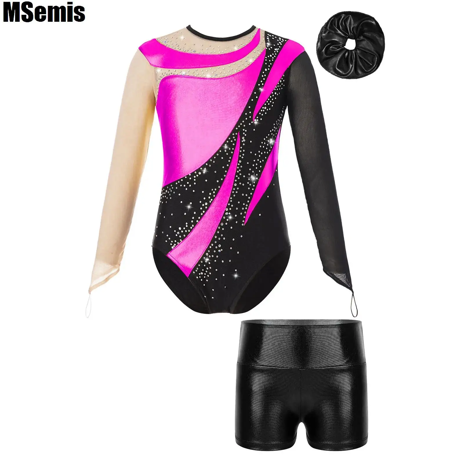 

Kids Girls Metallic Gymnastic Dance Outfit Mesh Long Sleeve Keyhole Back Shiny Leotard with Metallic High Waist Shorts Hair Band