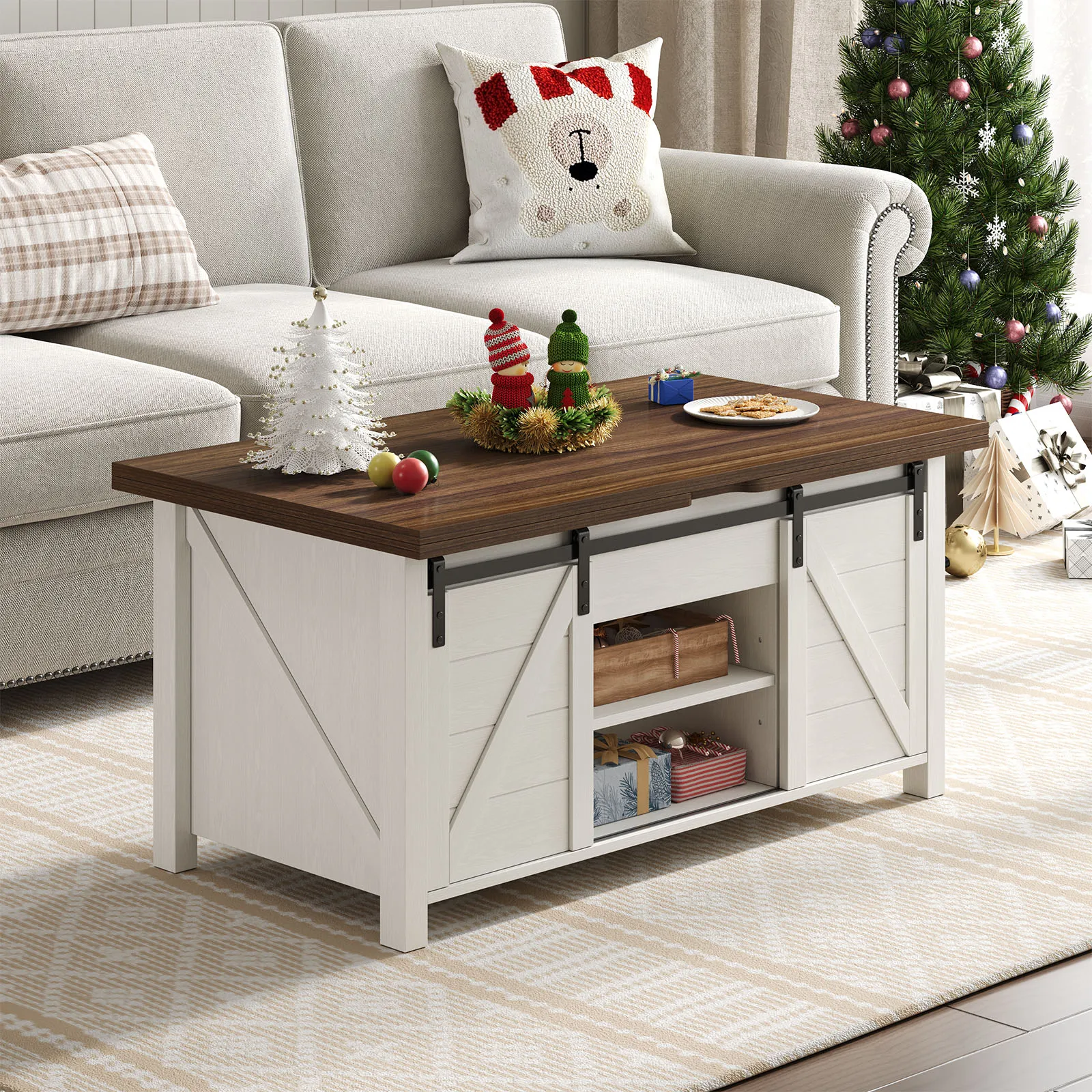 Farmhouse Lift Top Coffee Table with Sliding Barn Door,Rustic Center Table with Hidden Storage Compartment,Storage Coffee Table