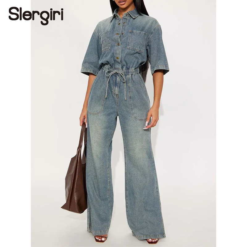 Slergiri Vintage Elastic Waist Washed Denim Jumpsuit Women Fashion New 2026 Summer Half Button Half Sleeve Loose Flare Pants