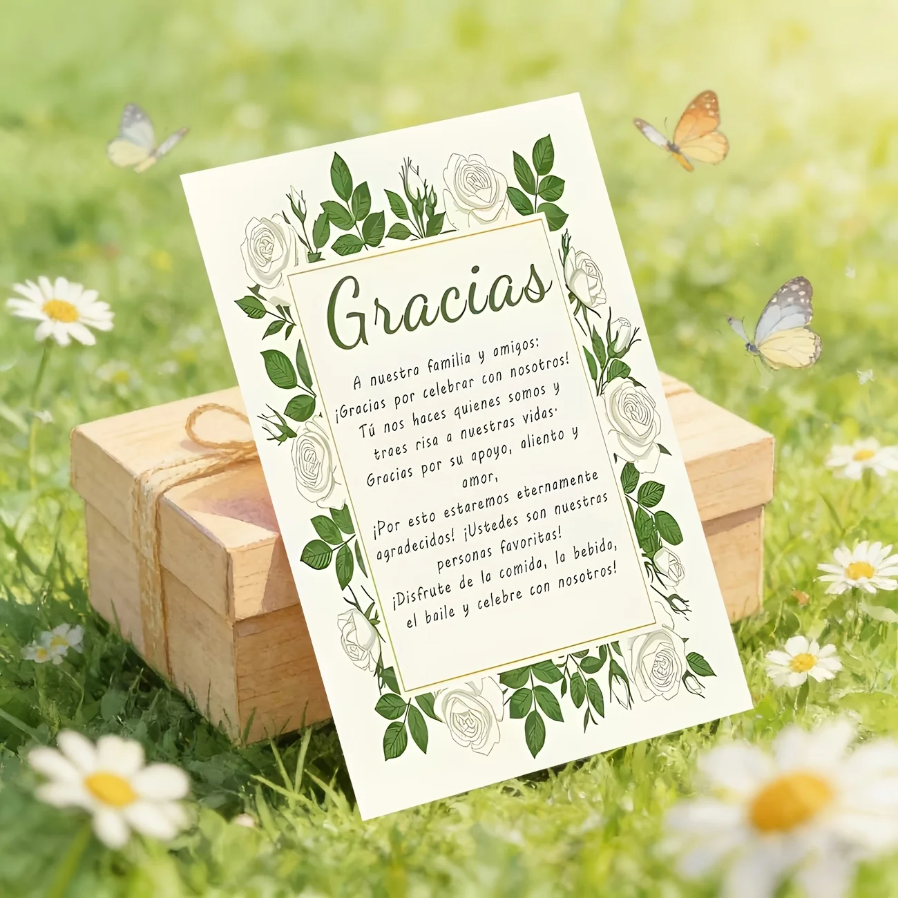 50PCS Elegant White Rose Thank You Cards, Surrounded By Fresh Green Leaves, Used for Weddings, Souvenirs, Party Decorations, Etc