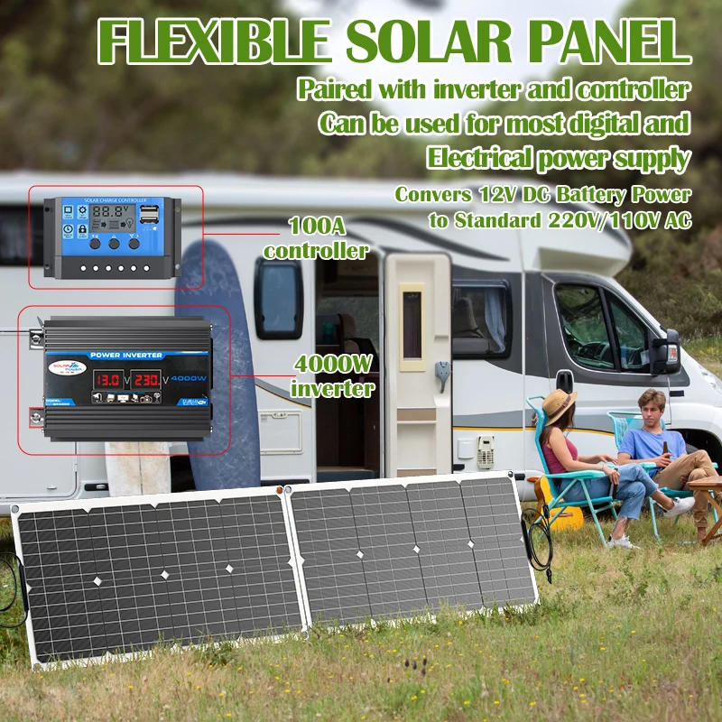 2000W Flexible Solar Power System 110V/220V with 4000W Inverter - 12V Charge Controller Kit for Home RV Camping Travel Off-Grid