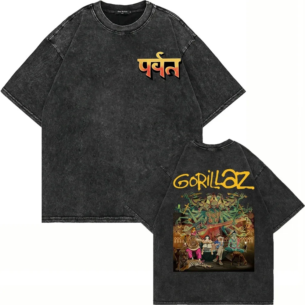 Vintage Washed Gorillaz The Mountain T Shirt Acid Washed Oversized Fashion Men Women Aesthetic Retro Cotton Loose Tees Shirts