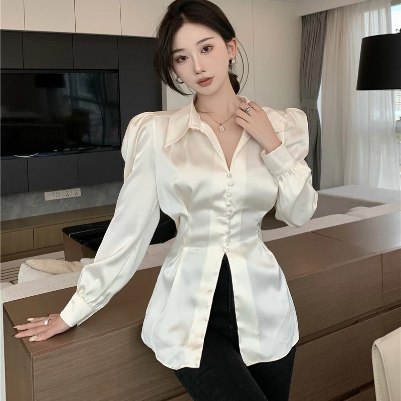 French Elegant Satin Shirts Women Spring Autumn New Slit Single Breasted Bubble Sleeve Bandage Blouses or Tops for Woman