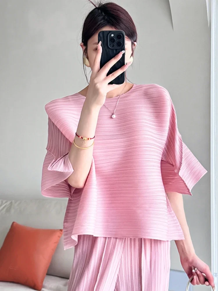 

Chic Design Pleated Versatile Simple Solid Women Tops 2024 Summer Stretchy Flare Sleeve Loose Fashion Blouse Shirt Women Causal