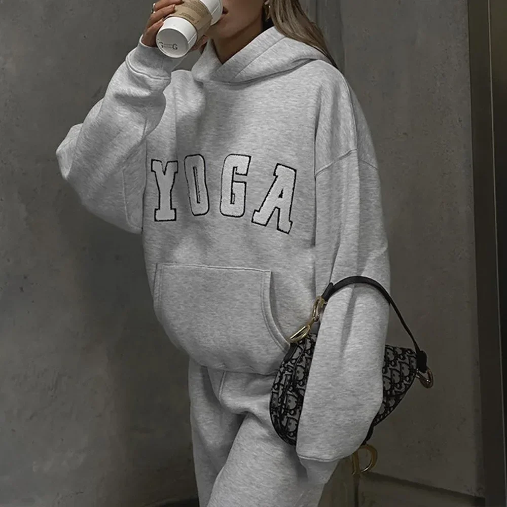 2024 New Arrival oversize Cross-border Hoodie Sweatshirt for Women Grey Embroidered YOGA Letter Print and Loose Fit