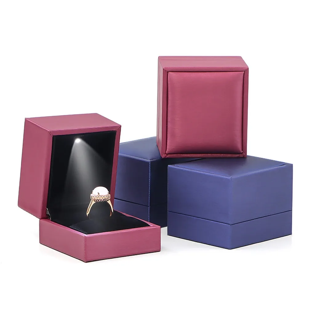 LED Light Jewelry Box Square PU Leather Ring Gift Box Women Gifts Ring Storage Box for Proposal Engagement Wedding Anniversary
