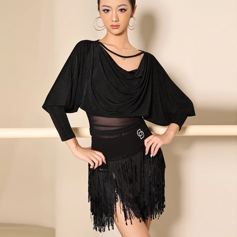 

Новый костюм для соревнований по латинским танцам, свободный топ с длинными рукавами + юбка с блестками и кисточками, комплект для выступлений в стиле танго ча-ча-самба