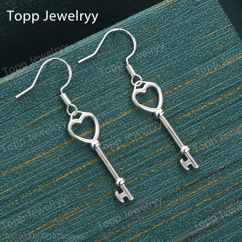 Exquisite 925 Sterling Silver Heart-Shaped Key Earrings, Fashionable Women's Wedding Gift Accessories