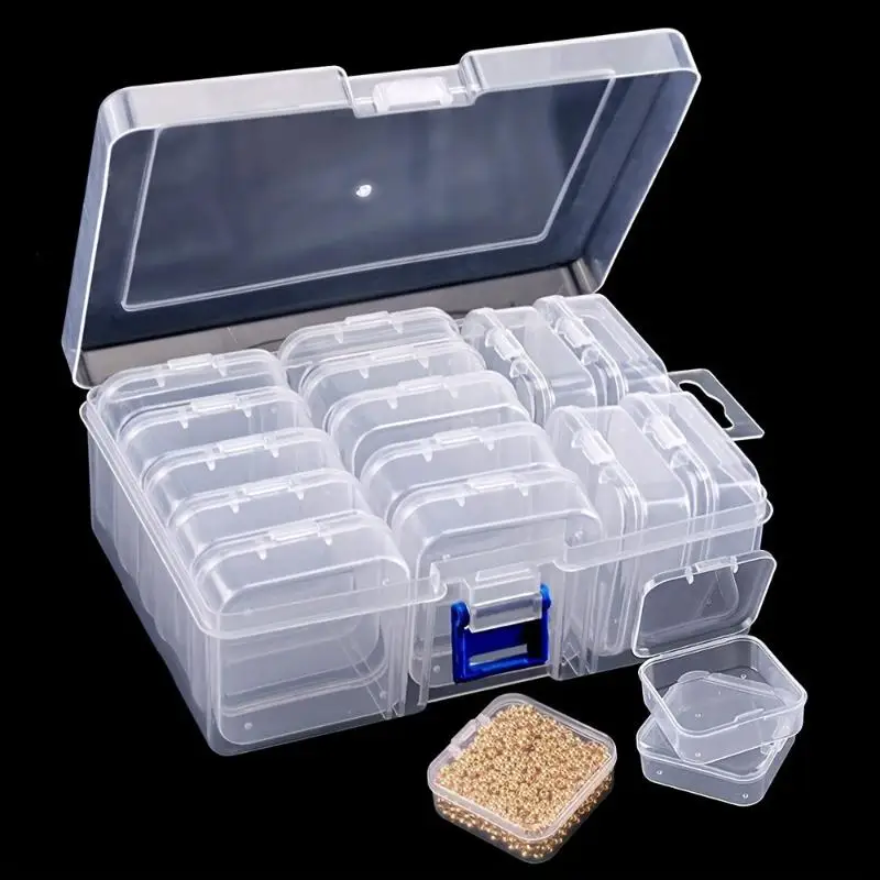 Transparent Plastic Storage Box 1 Set 12/14/15/30 Grid Stackable for DIY Beads Sewing