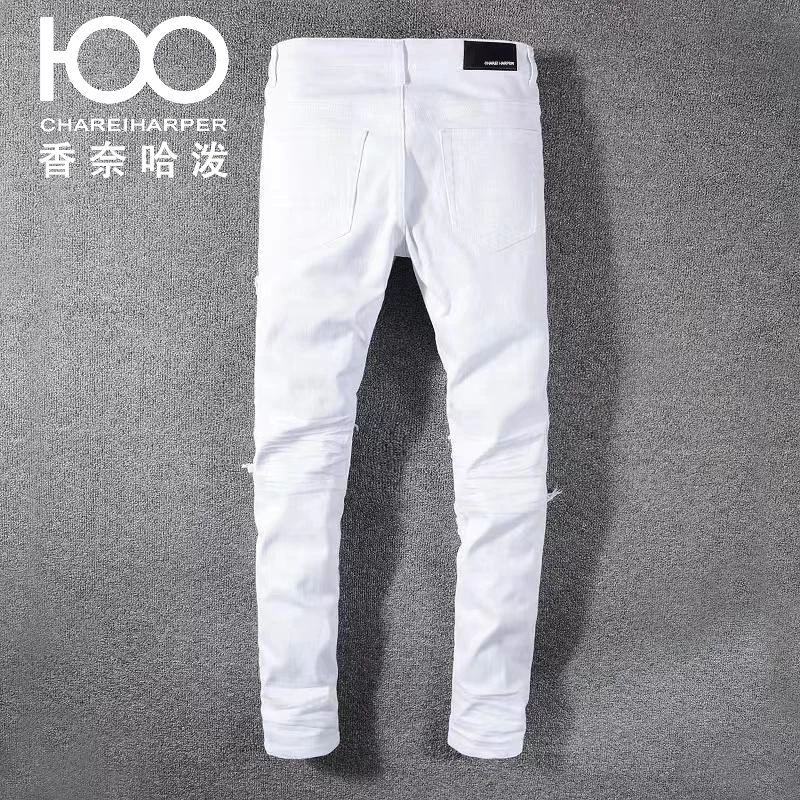 MEN`S JEANS 592 chareiharper 100 Motorcycle style white men's slim fit patch elastic jeans European and American trendy brand