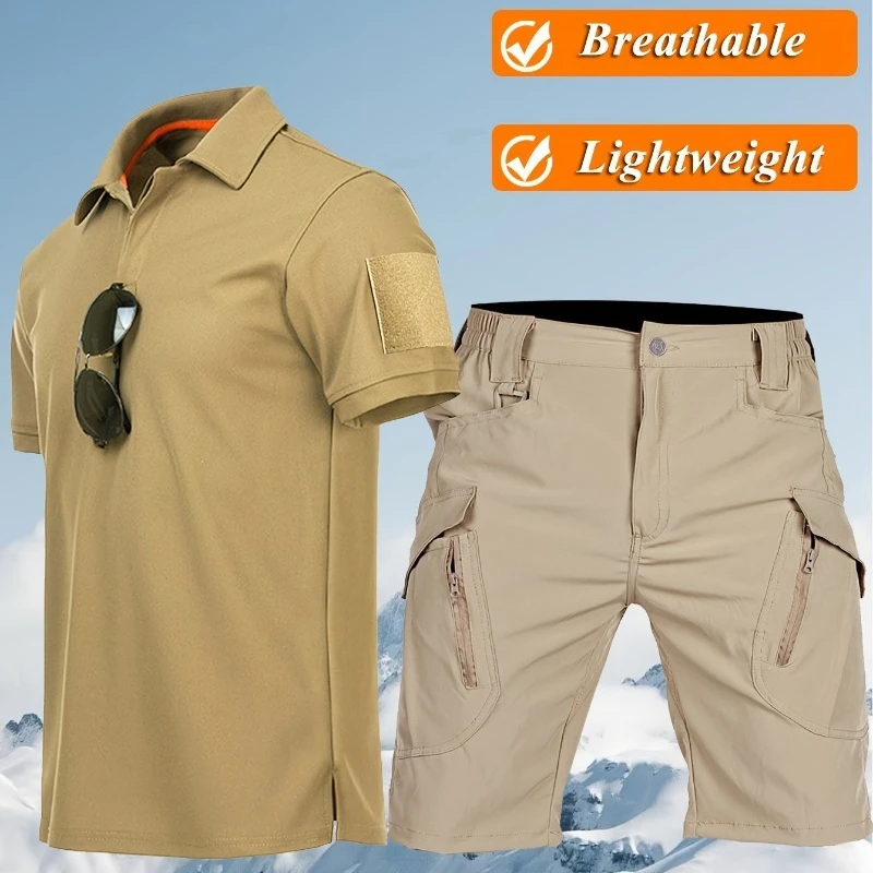 

Spring and summer men's quick drying lightweight summer shirt+shorts set breathable multi pocket outdoor casual sportswear 땀복