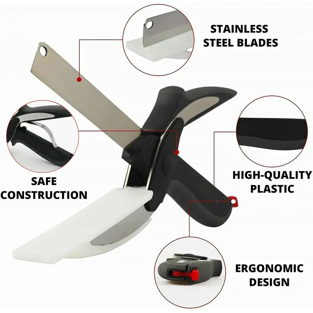 2-in-1 Ingenious Cutter Food Chopper & Scissor for Kitchen Versatile Use - 420 Stainless Steel Blade & Cutting Board Base, with Safety Lock