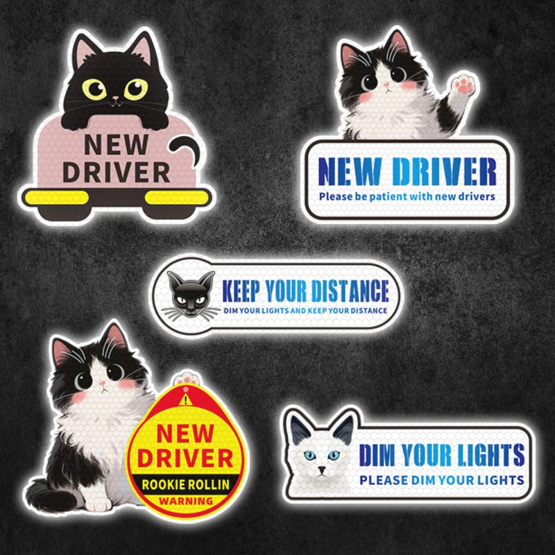 

5Pcs Reflective Cat Car Sticker – New Driver Rookie Rollin Keep Your Distance Safety Decal