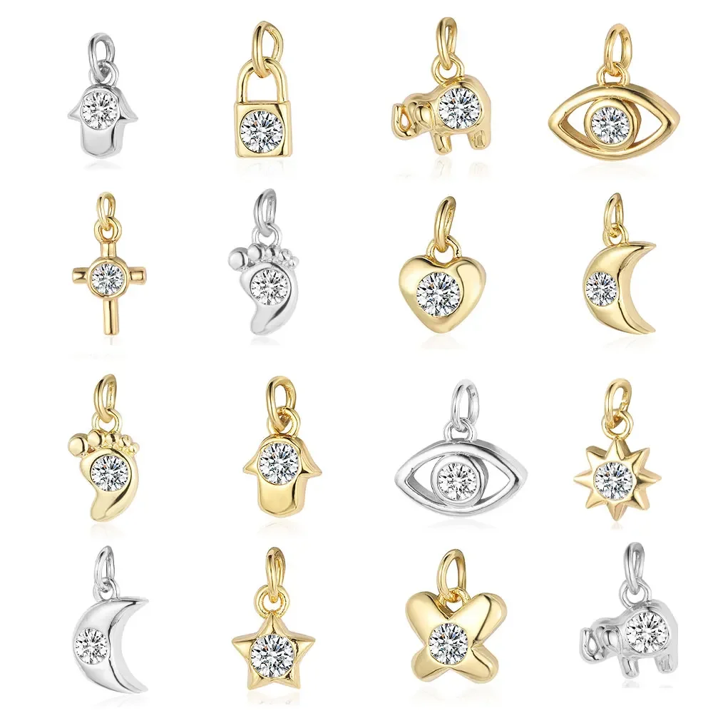 Cute Copper Cubic Zircon Hamsa Hand Crescent Moon Charms Elephant Cross Pendant for Bracelet Earring Necklace Making