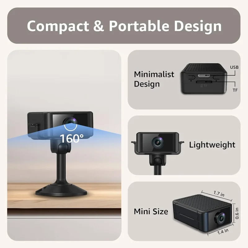 New Indoor 4K Security Mini Camera Night Vision 4H Battery Life Motion Detection Alerts SD/Cloud Storage Phone App Control