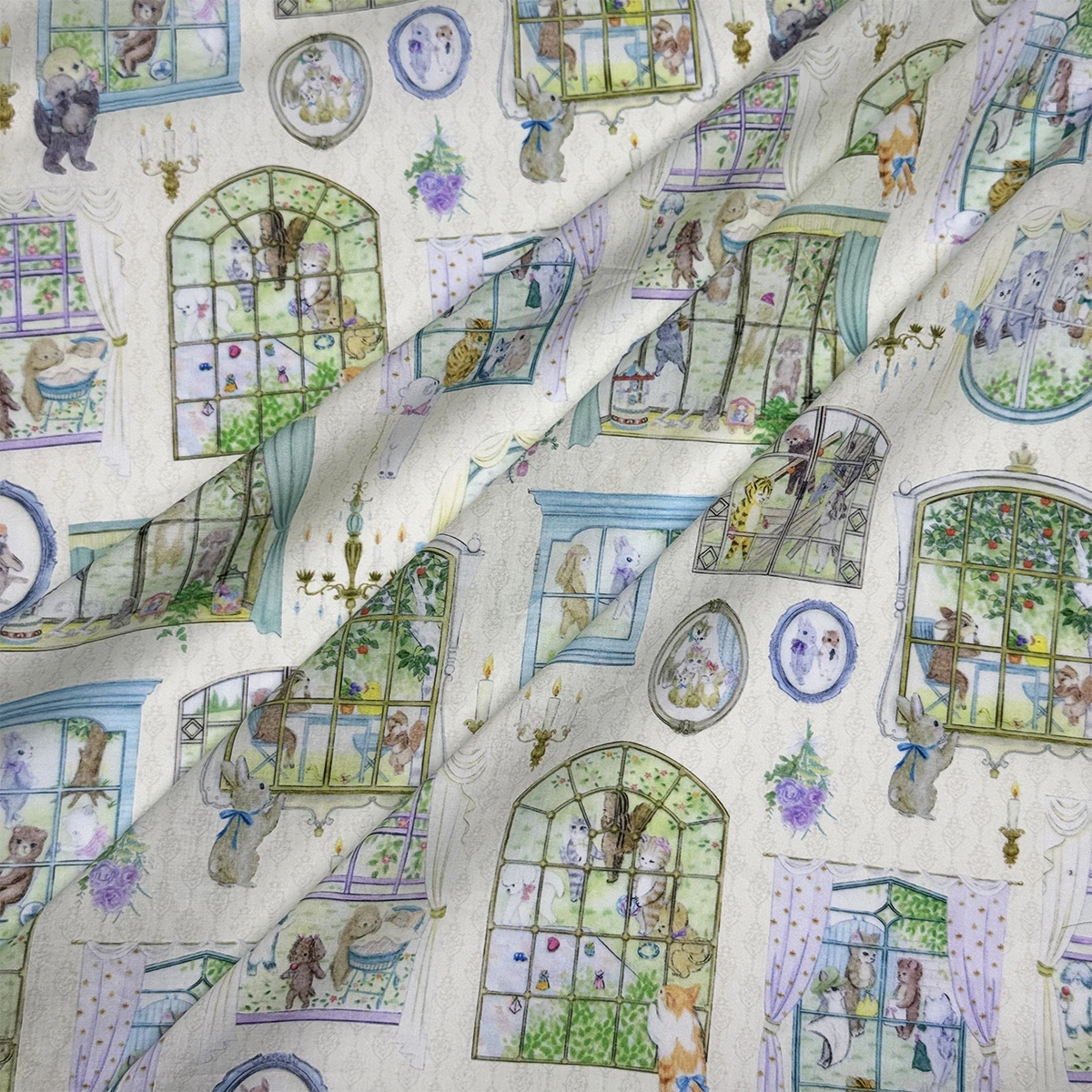 

1M/2M/3M/4M/5M Beige Animal Showcase Cartoon Printed 80S 100% Organic Cotton Poplin Fabric for Children's Clothing