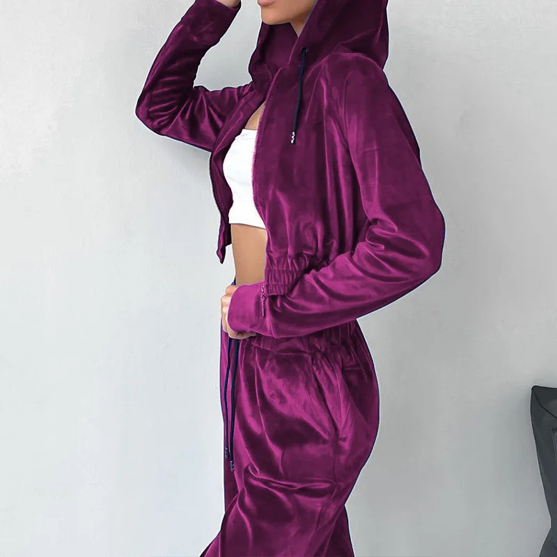 2024 Spring and Autumn juicy cropped hoodie and wide leg pants two-piece velour tracksuit