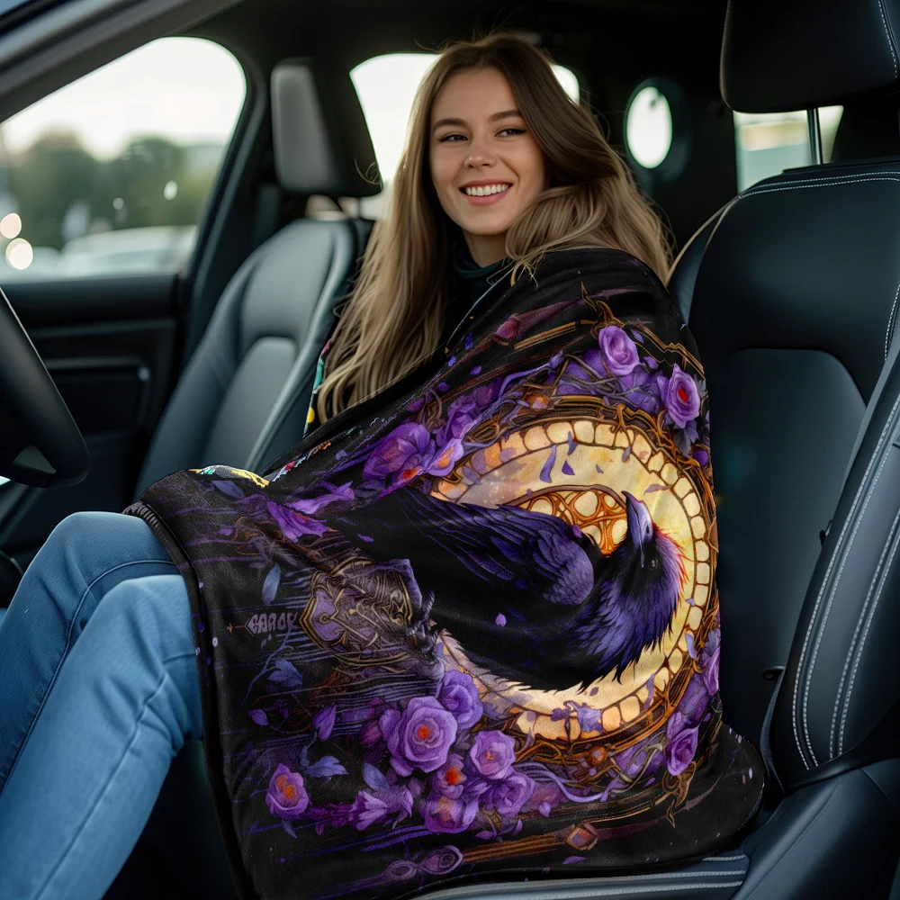 Raven Gothic Purple Rose Stained Glass Fleece Blanket Dark Fantasy Art Soft Flannel Throw Home Decor Gift for Gothic Fans