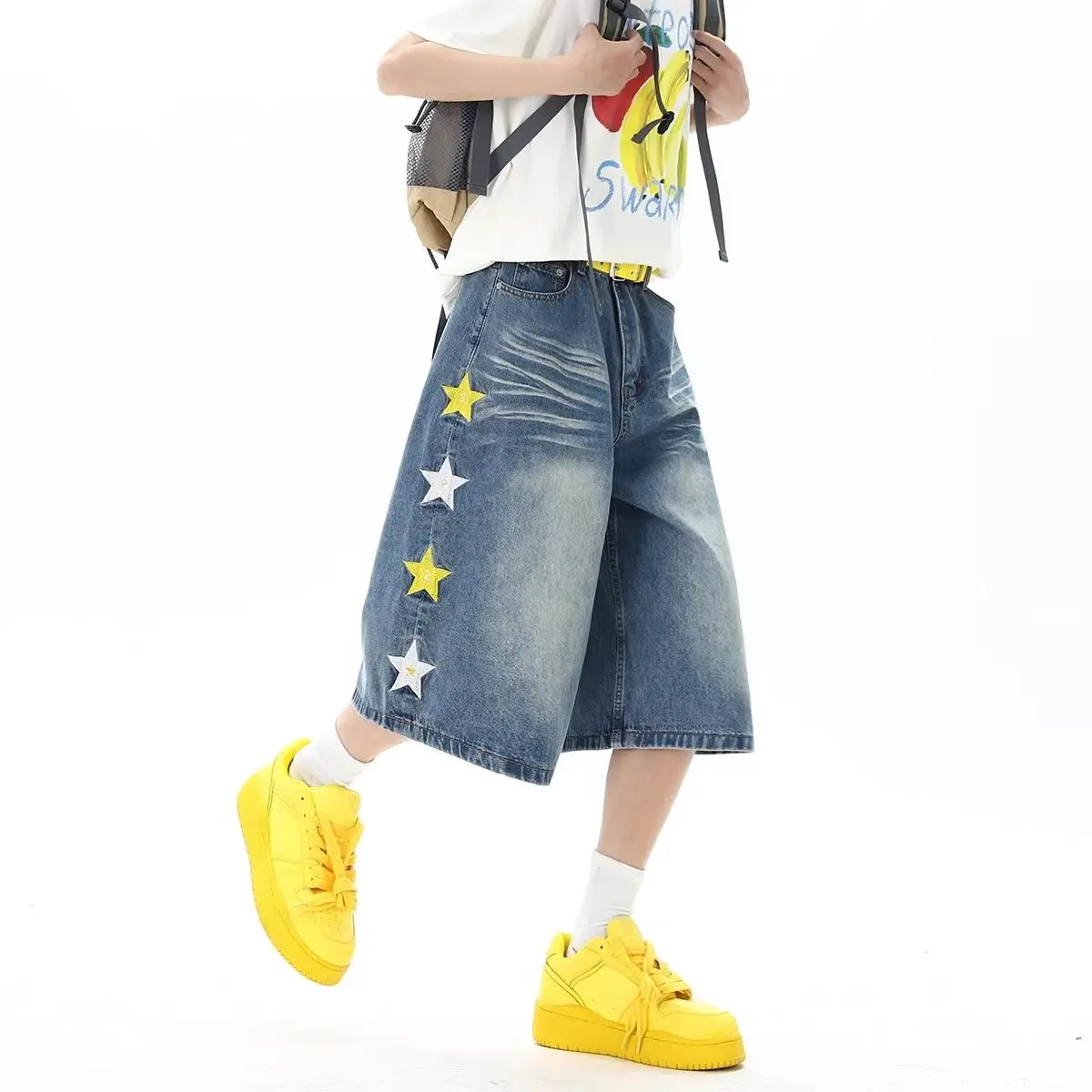 Calças Curtas de Denim Lavadas para o Verão, Soltas, Casuais, Versáteis, com Bordado de Estrela, Jeans para Homens e Mulheres...