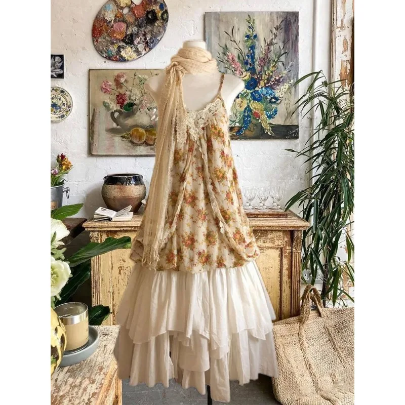 

Japanese Vintage Floral Dress Sets Women Casual Y2k Crop Top Blouse Sleeveless + Midi Skirts Outfits 2000s American Retro Suits