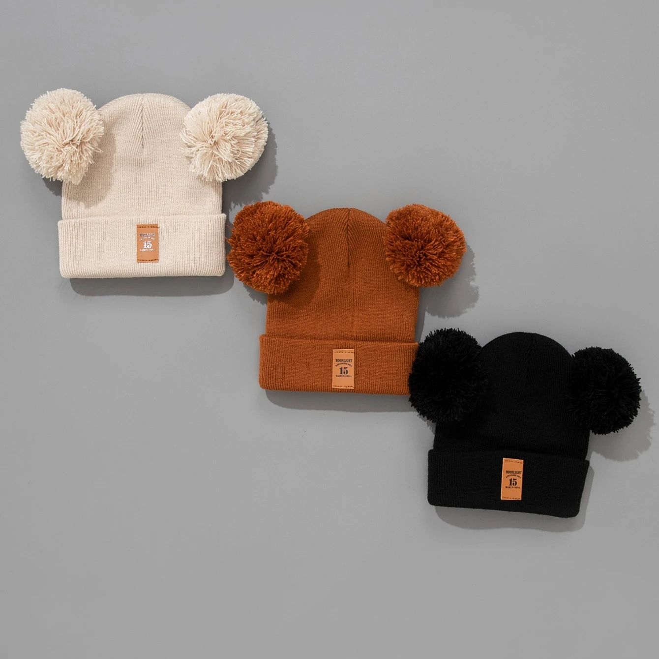 

3pcs Soft Acrylic Knit Baby Hats with Double Pom-Poms & Patch - Warm Lightweight New Year & Casual Attire for Boys