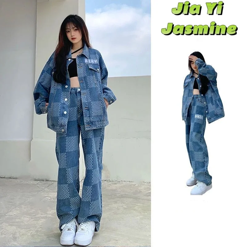 2024 Spring and Autumn New Royal Sister Dressing Set Women's Checkered Denim Coat Top Jeans Pants 2-piece Set