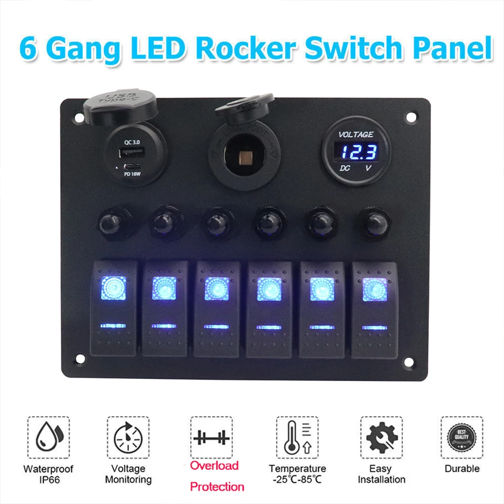 

12 В морская панель переключателей, 6-бандовая панель кулисного переключателя включения-выключения, вольтметр QC3.0 PD18W, розетка с ночным свечением, наклейки