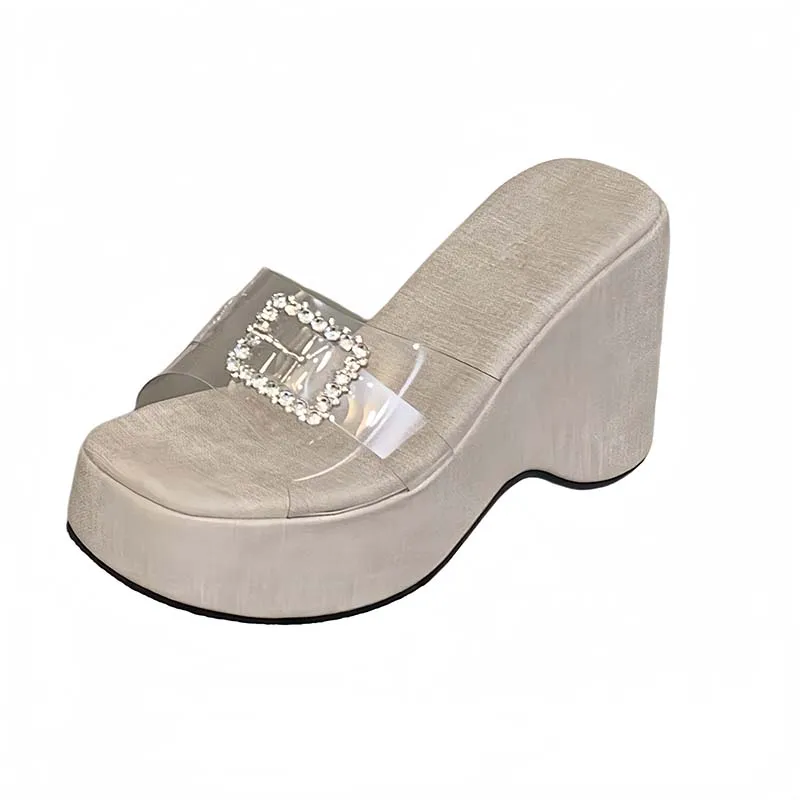 10CM Wedges Heels For Woman Slippers Black Platform Shoes Rhinestone Buckle   Gladiator Heel Sandals Summer Ladies Shoes Beige