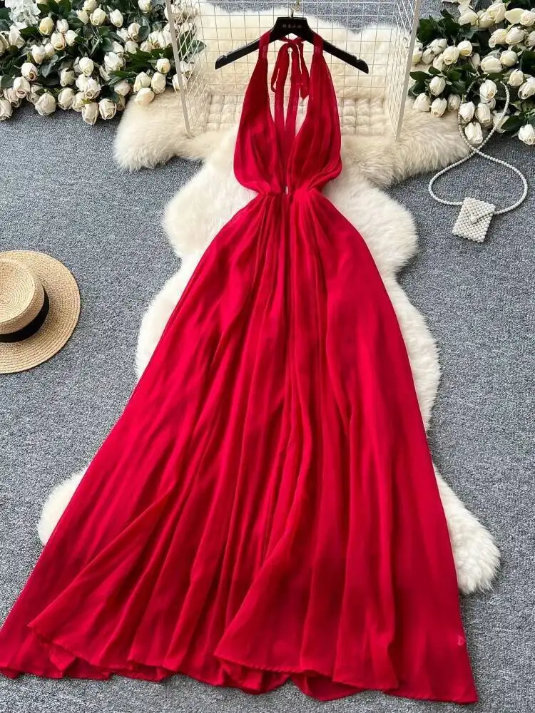 Abito estivo sexy da spiaggia con scollo a V e cinturino all'americana Abito lungo in chiffon senza schienale da donna Abito lungo Boho in chiffon a trapezio sottile da donna