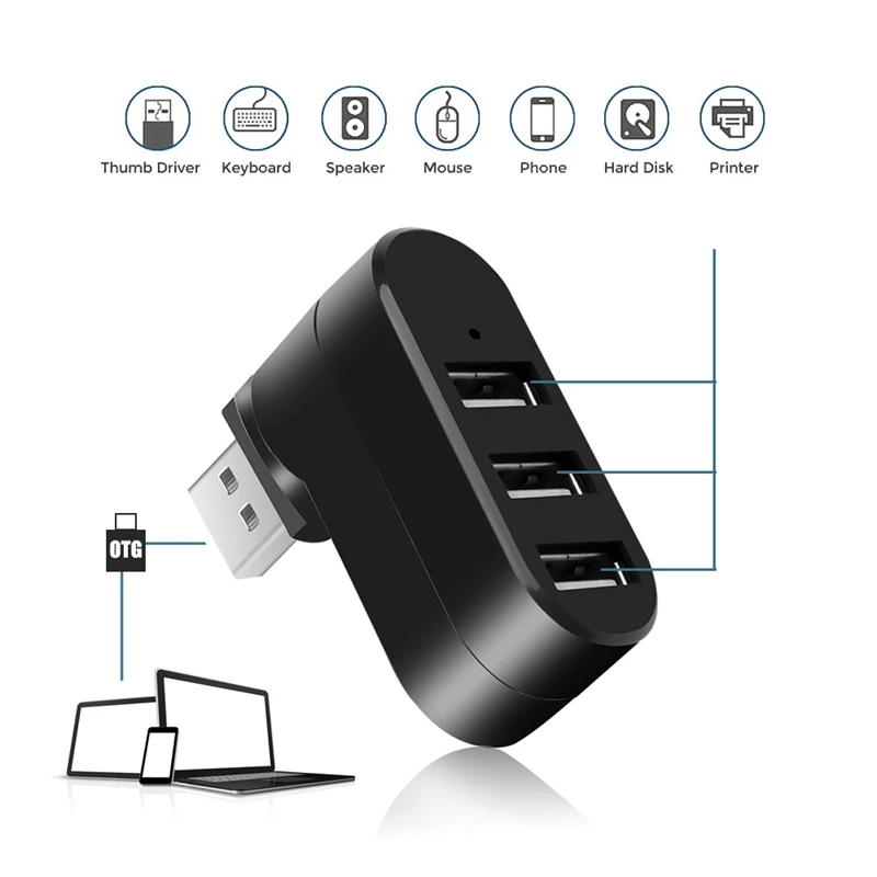 Adaptador Hub USB de Alta Velocidade, Girar U Leitor de Disco, Divisor USB, 3 Portas, USB 2.0 para Xiaomi, Macbook Pro, Laptop, PC Acessórios