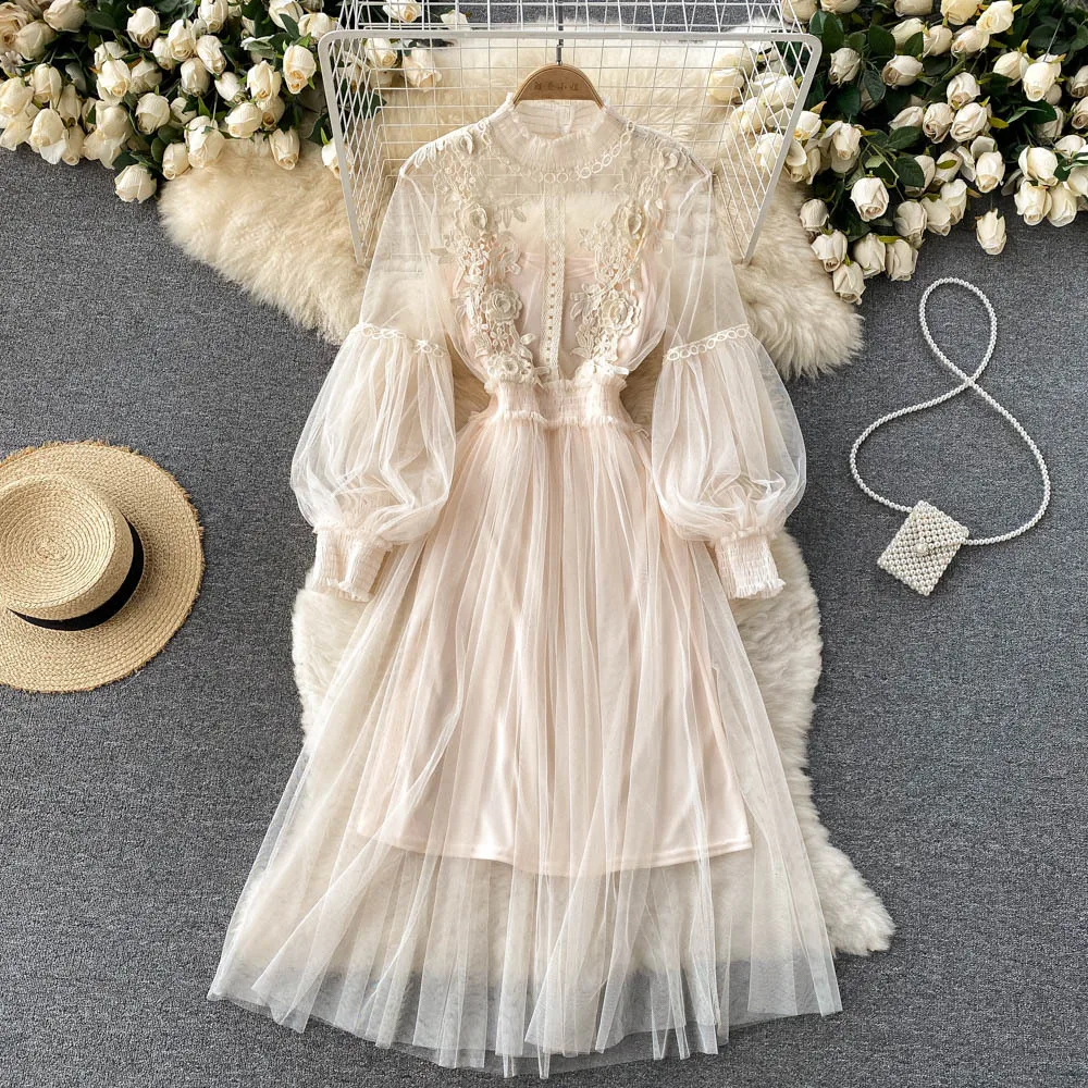 Women Evening Dress Three-dimensional Decoration Floral Mesh Stand Collar Lantern Sleeve Waist Up Ladies Dresses Summer 2023