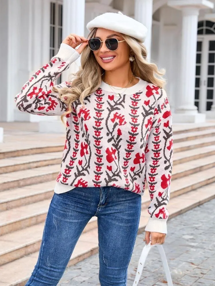 새로운 가을 꽃무늬 여성용 스웨터, 캐주얼 스웨터, 아늑한 스웨터, 우아한 여성용 스웨터, 빈티지 의류, 풀오버 여성