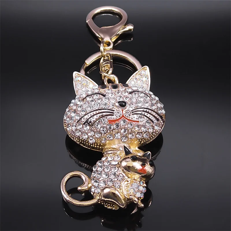 Cute Animal Cat Keychain Rhinestone Metal Gold Color Kitty Keyring for Women Girl Bag Wallet Pendant Decoration Jewelry llaveros